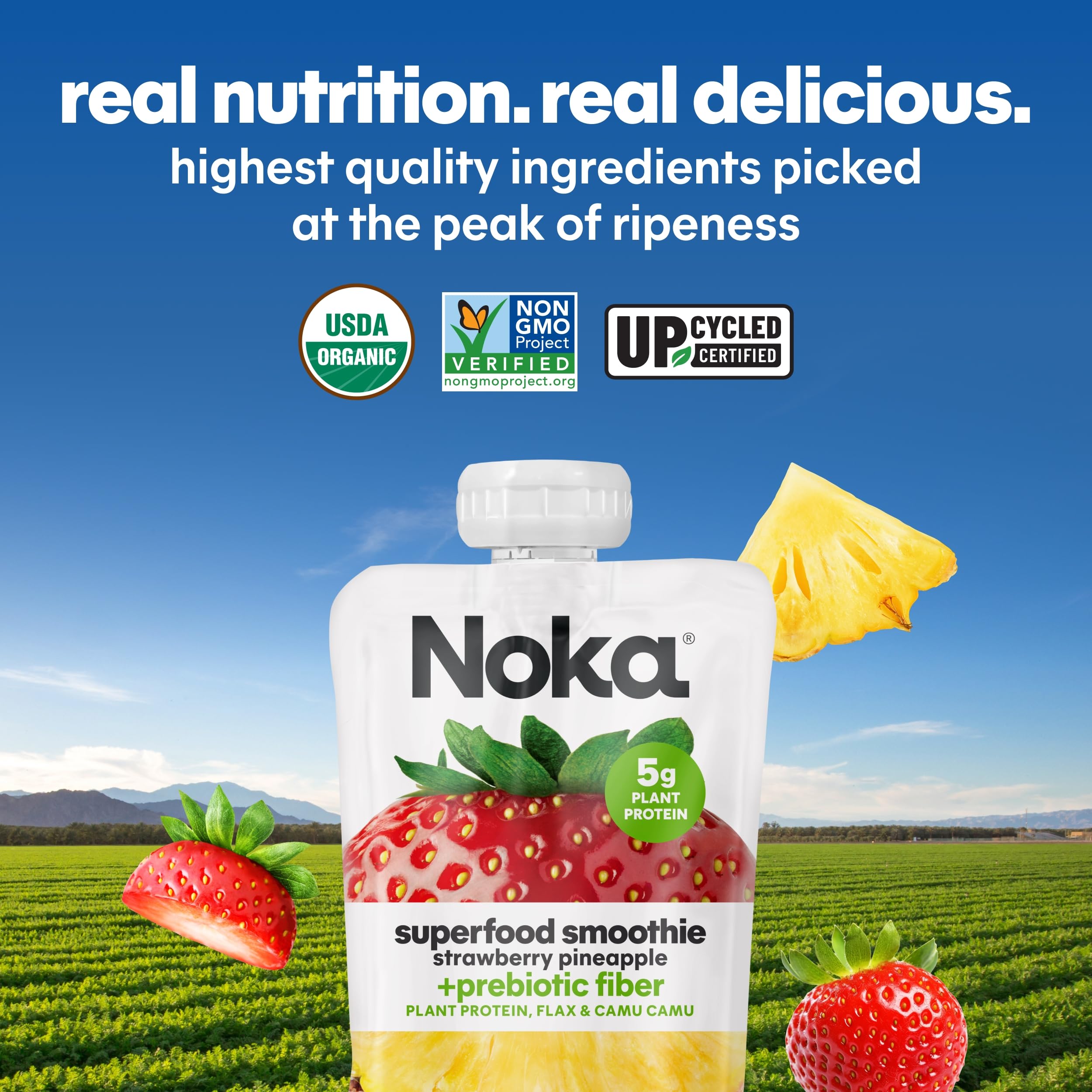 NOKA strawberry pineapple pouch signals no refrigeration needed.