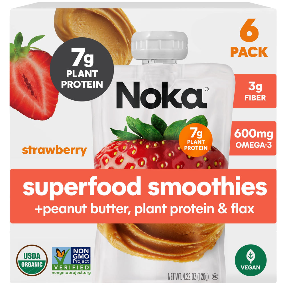 NOKA smoothie pouch featuring strawberry flavor for on-the-go snacking