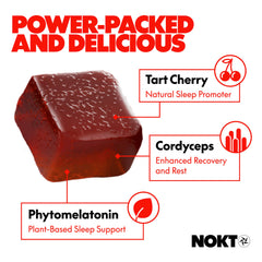 Close-up of NOKT Sleep Gummies showing gummy texture for easy bedtime ritual.