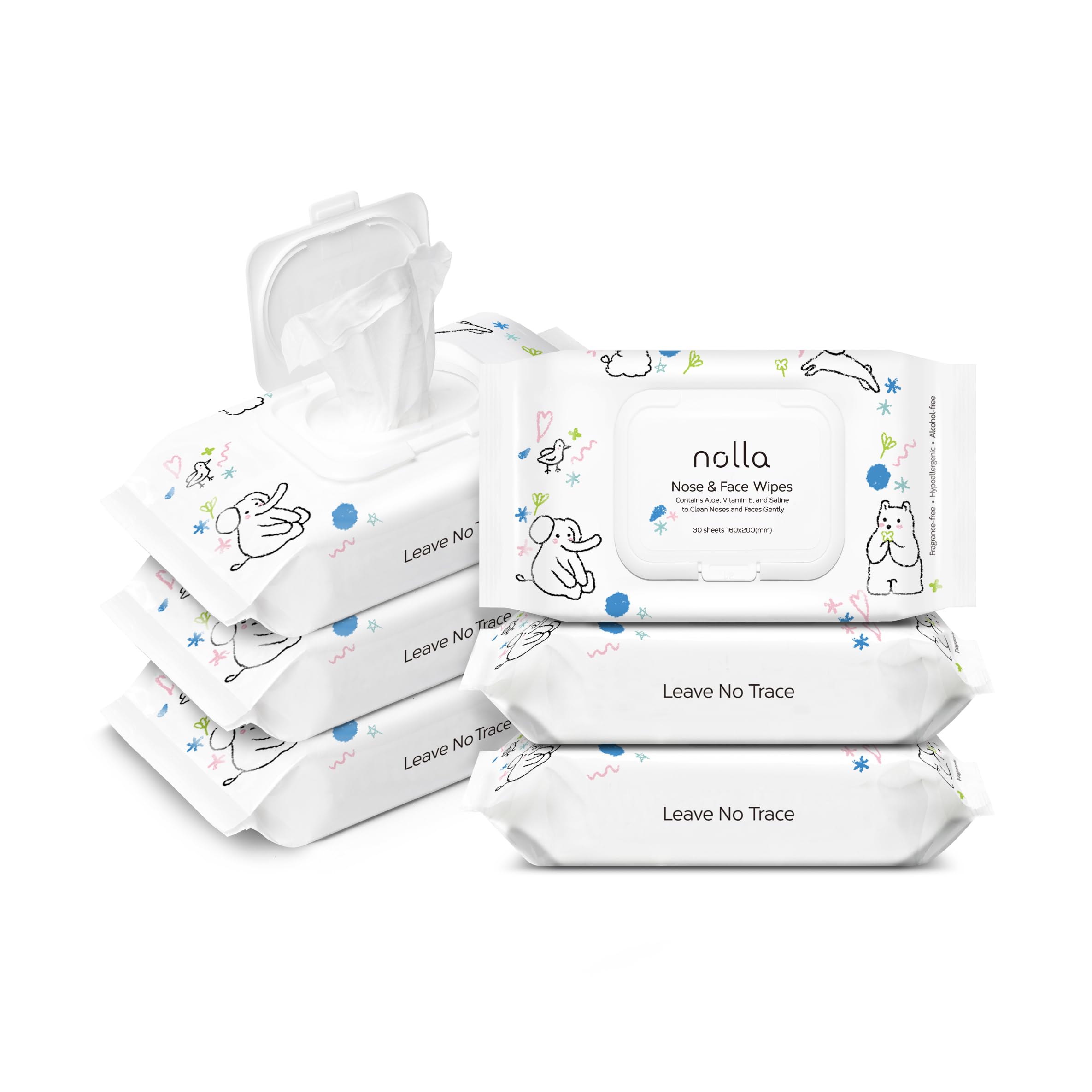 Nolla nose and face wipes packaging, compostable and unscented for gentle baby cleansing.