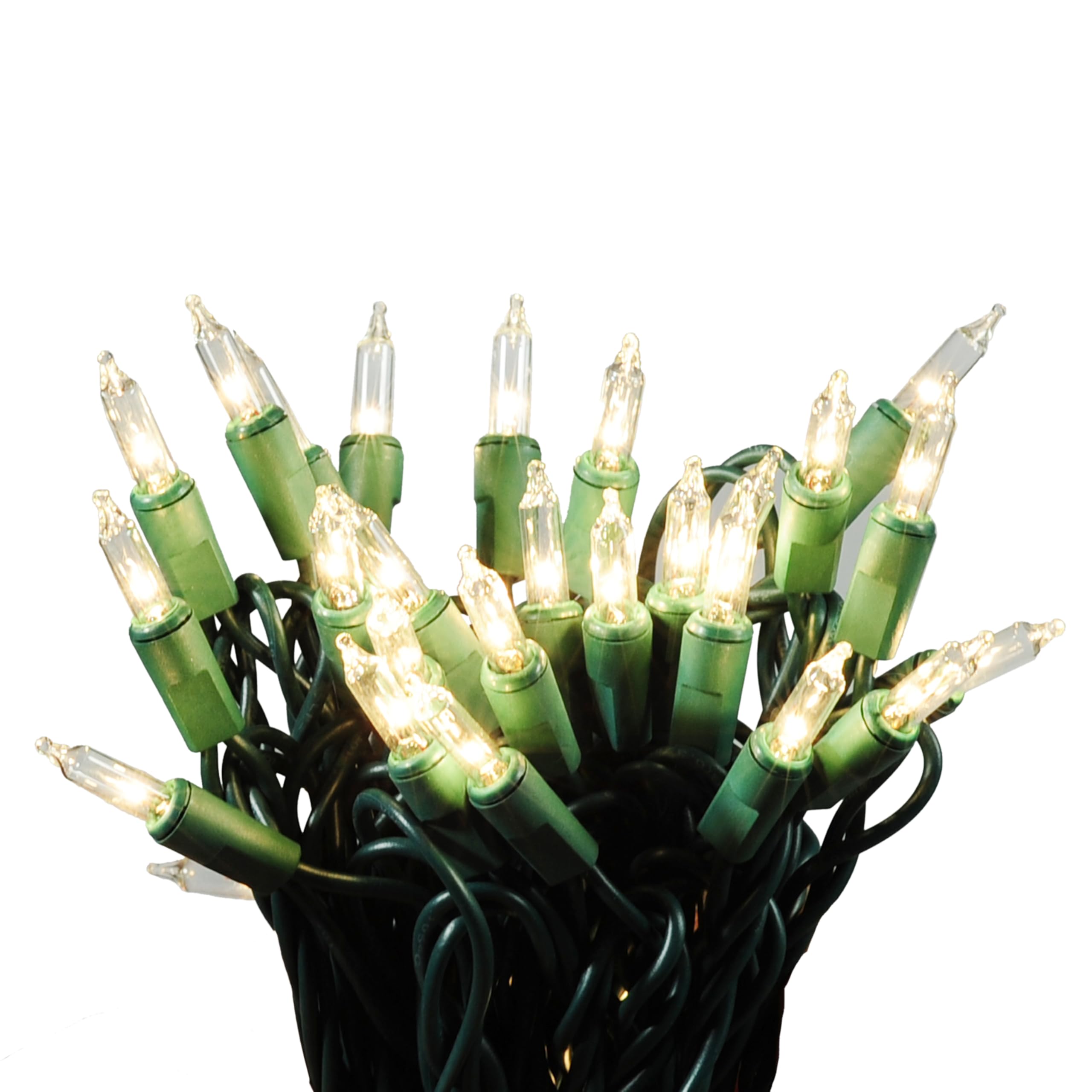 NOMA INLITEN IMPORT clear mini bulbs on a tree showing bright, even illumination.