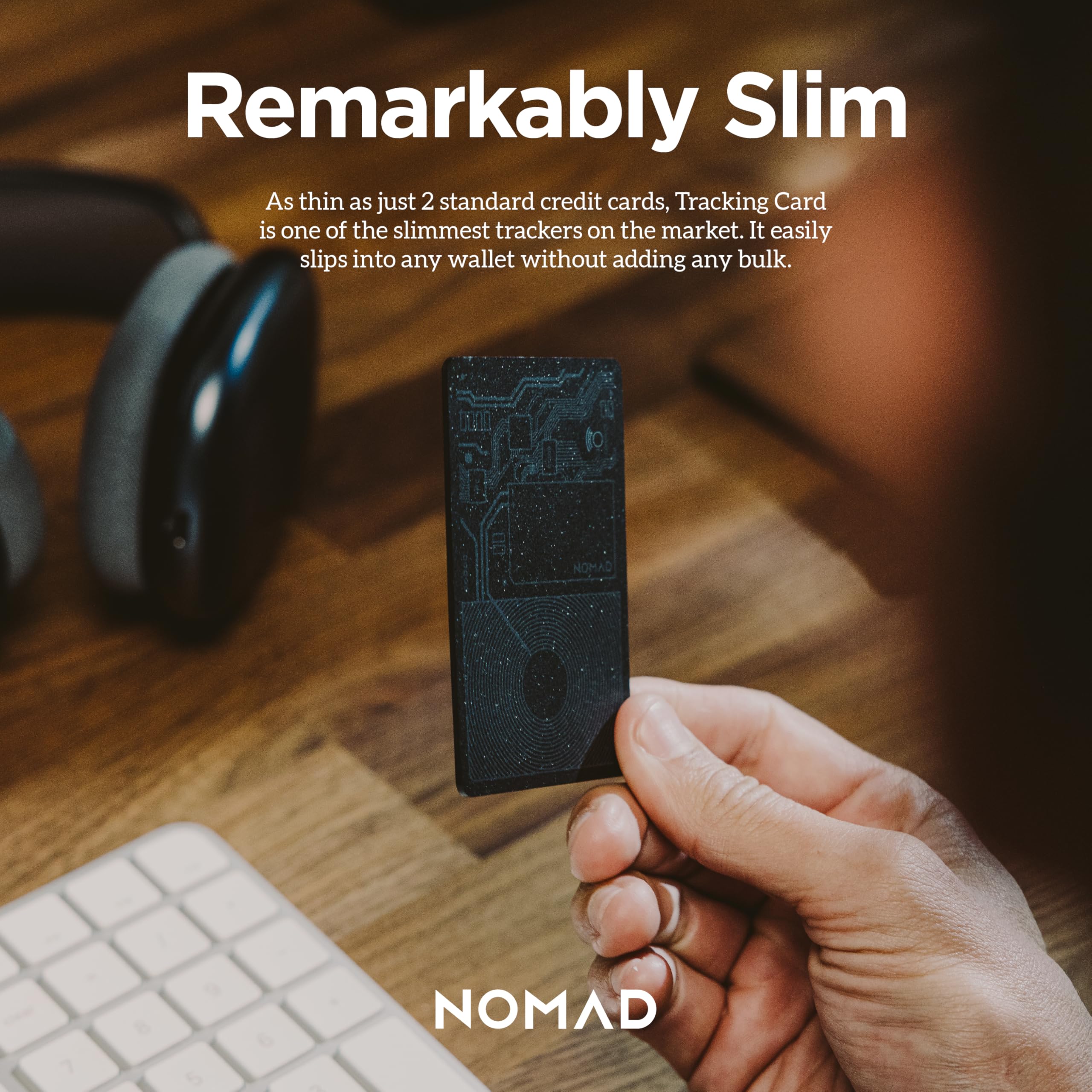 Nomad Tracking Card Air Carbide fits in a travel bag for luggage tracking.