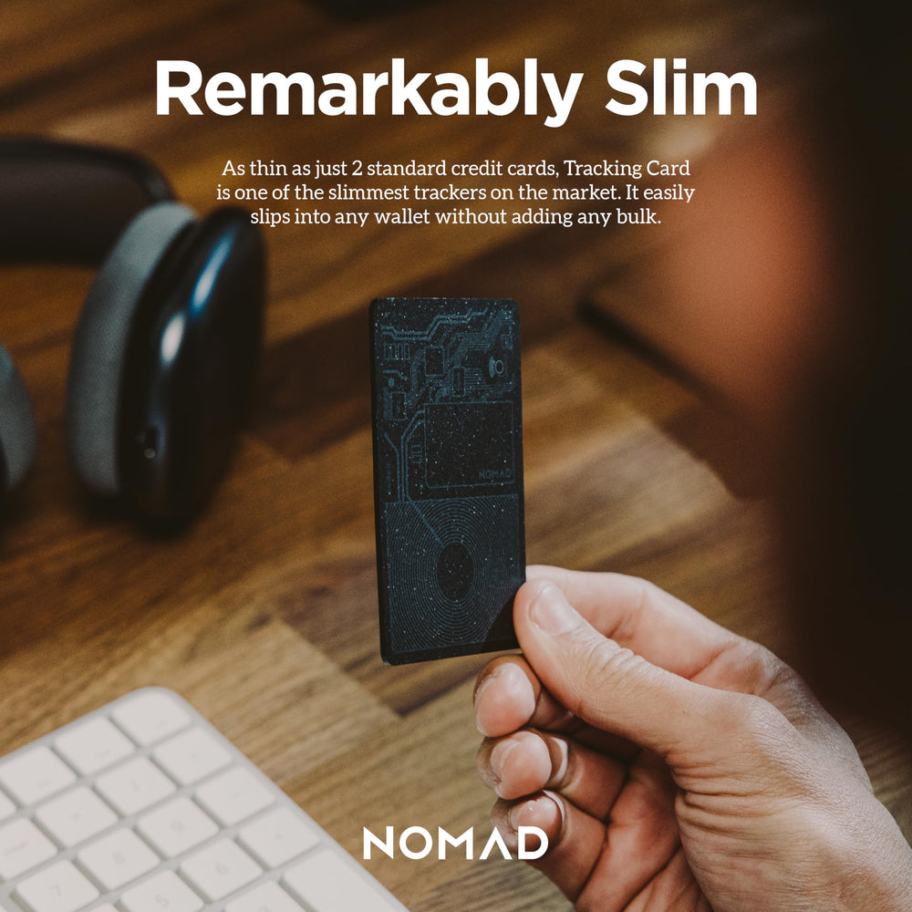 Nomad Tracking Card Air Carbide fits in a travel bag for luggage tracking.