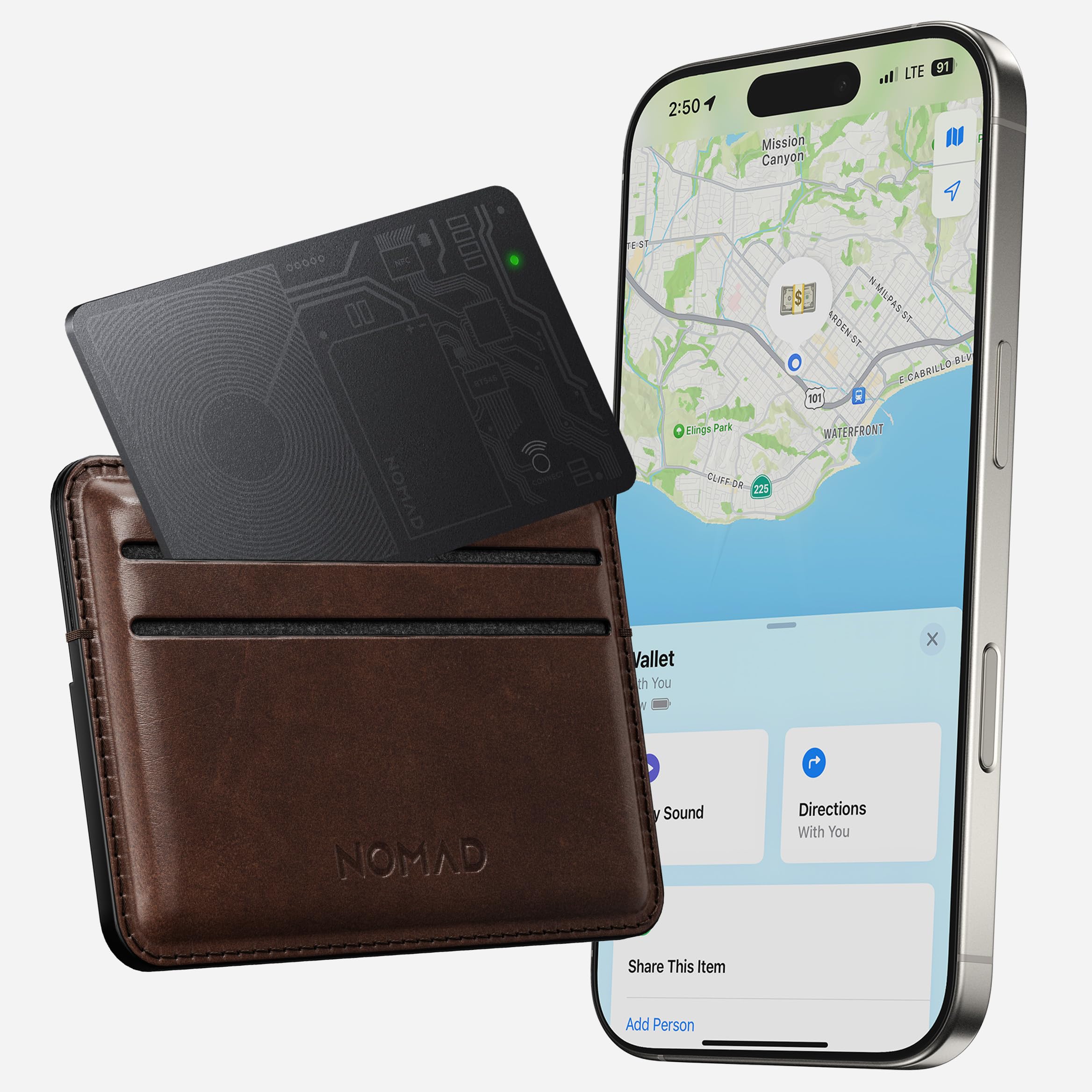 Nomad Tracking Card Air Carbide in a slim wallet for easy tracking.