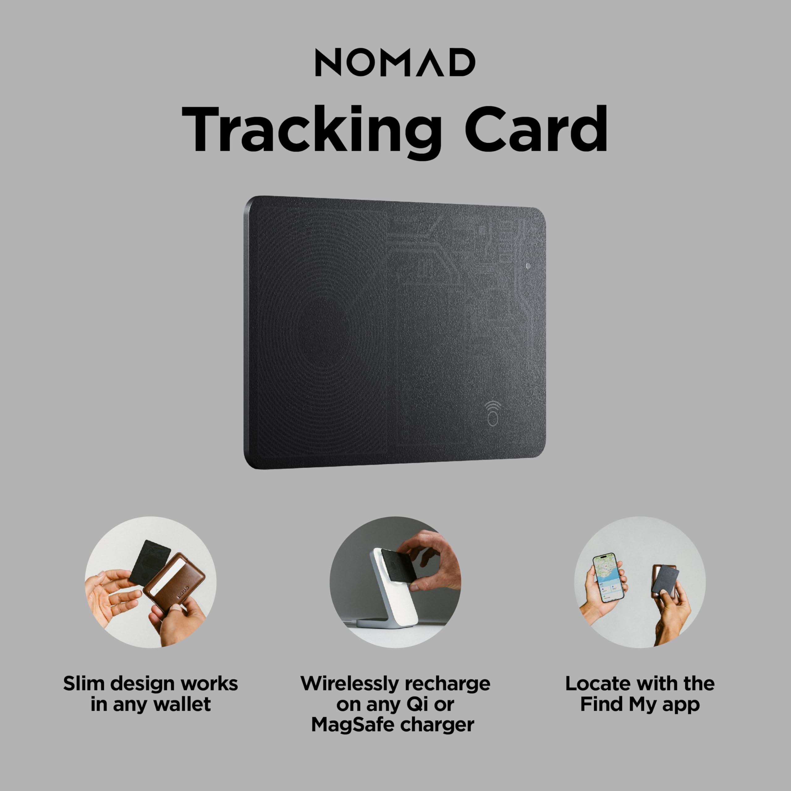 Nomad Tracking Card Air Carbide charging on a wireless pad for convenience.