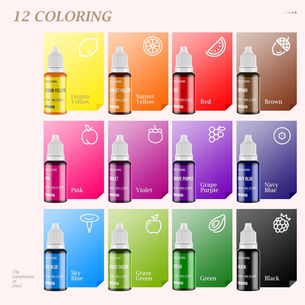 Nomeca cake decorating dyes for easy, precise shade control.