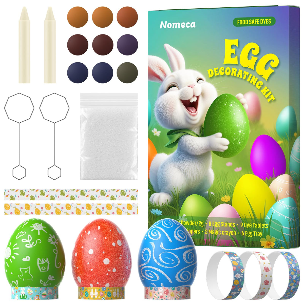 Nomeca Easter Egg Decorating Kit contents shown for easy at-home decorating