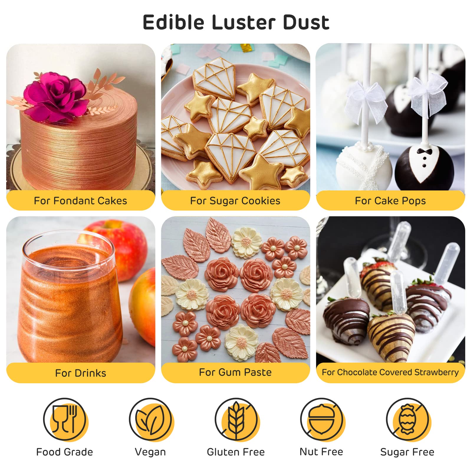 Nomeca luxury dust gold shimmer enhances fondant and gumpaste with subtle metallic gloss.