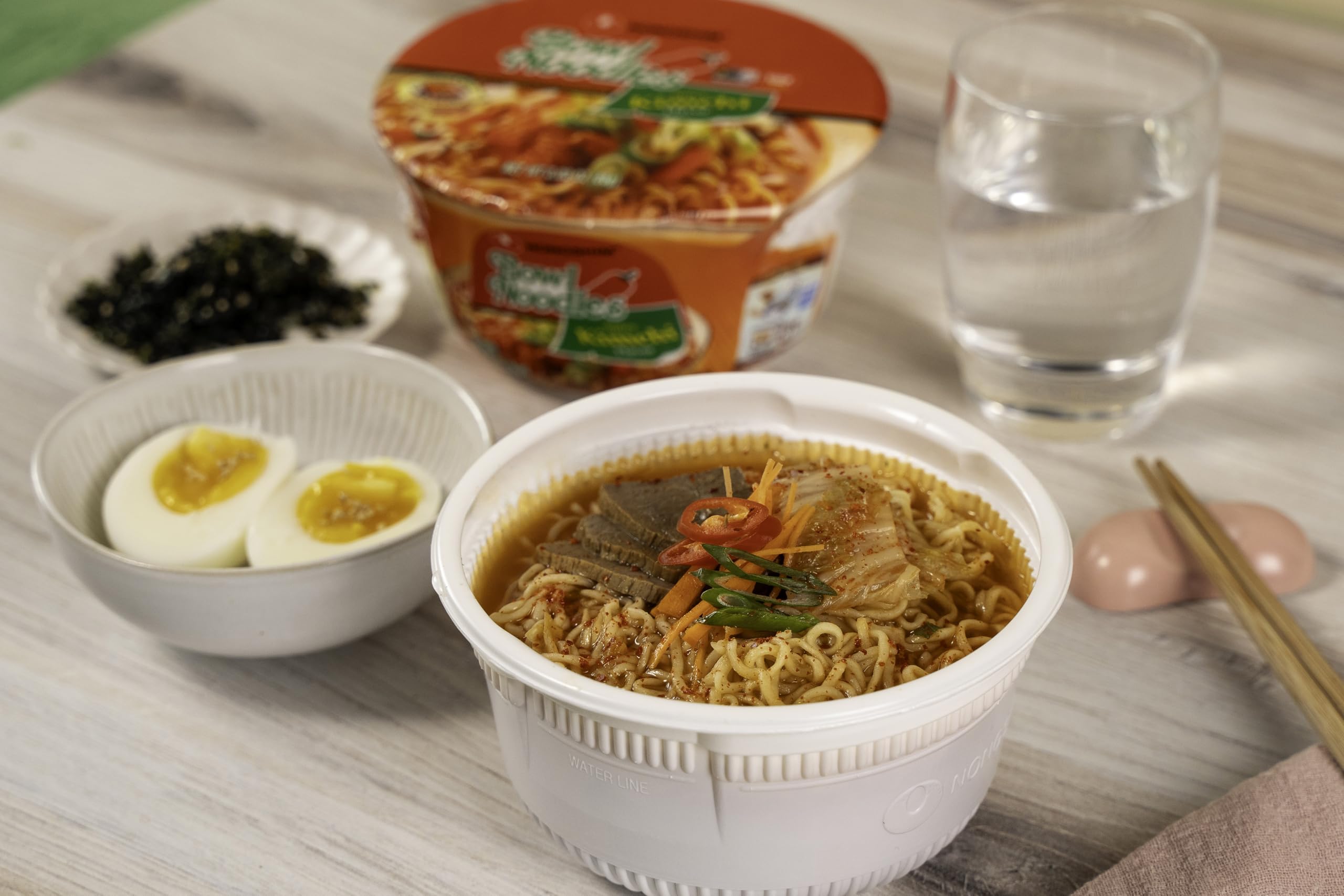 Nongshim Kimchi Bowl close-up of noodles in broth