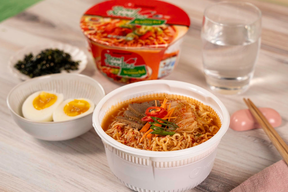Nongshim Kimchi Bowl close-up of noodles in broth