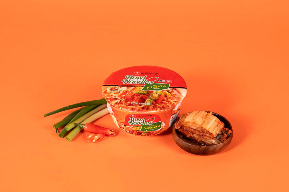 Nongshim Kimchi Bowl stacked in pantry for easy storage