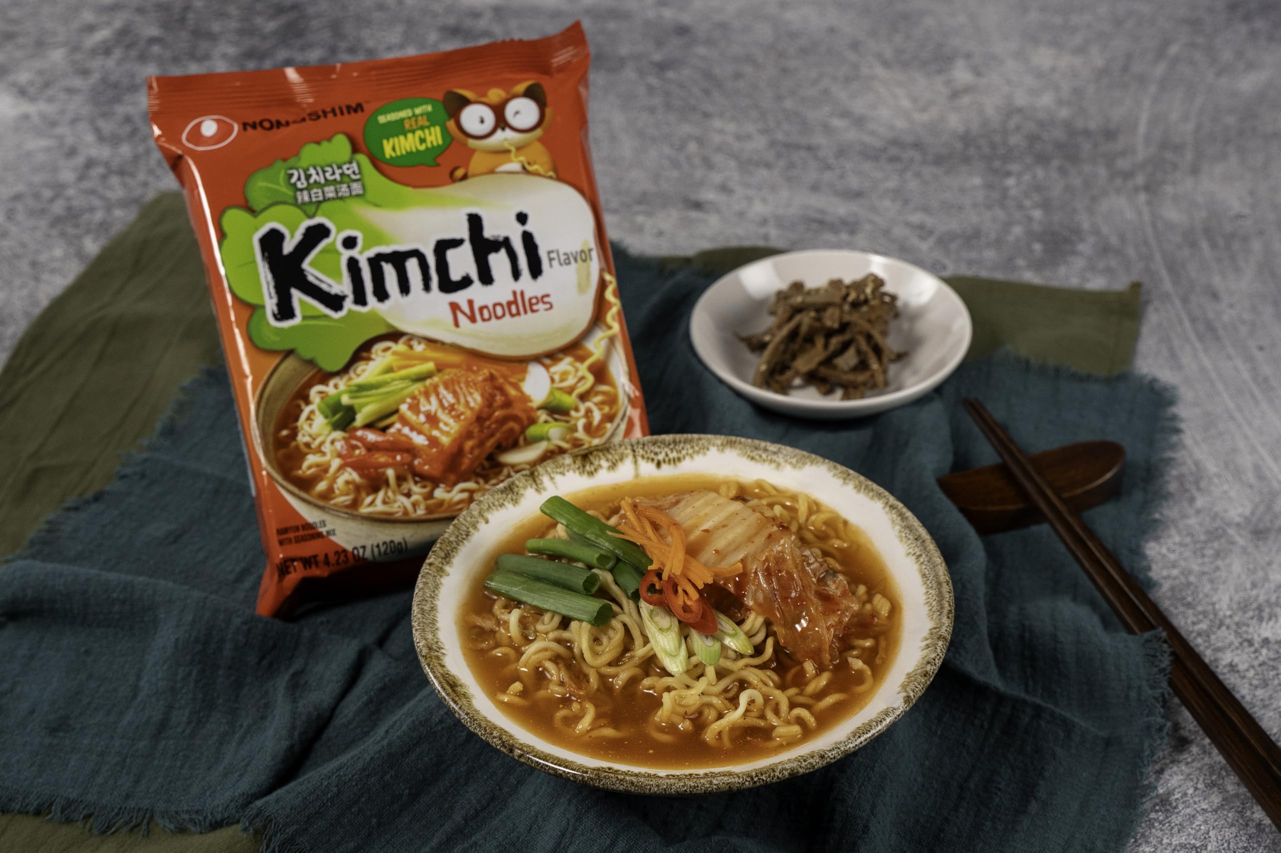 Nongshim Kimchi Ramen 16-pack display shows pantry-ready value
