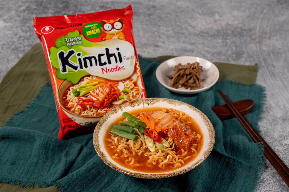 Nongshim Kimchi Ramen 16-pack display shows pantry-ready value