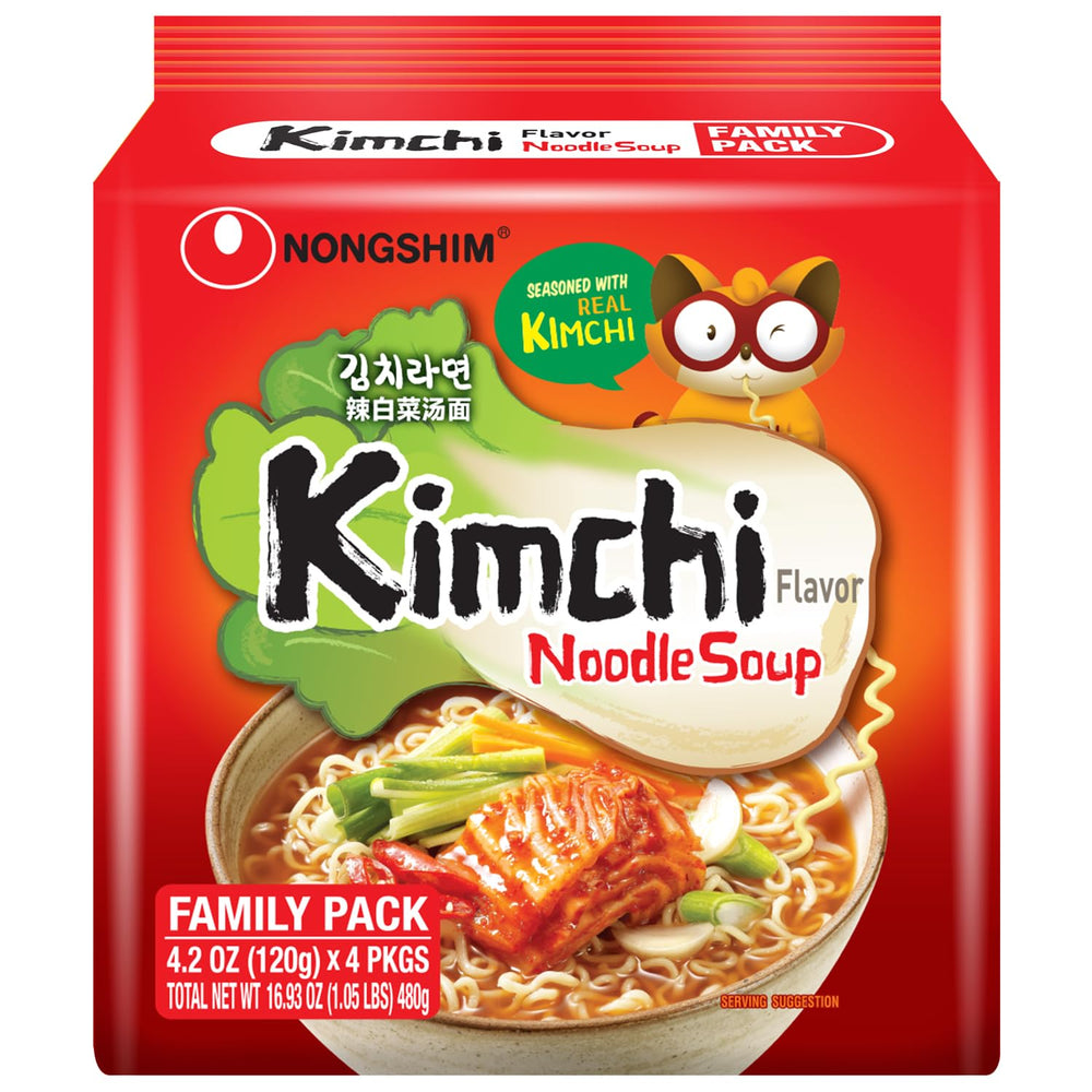 Nongshim Kimchi Ramen pack front shows quick, flavorful meals