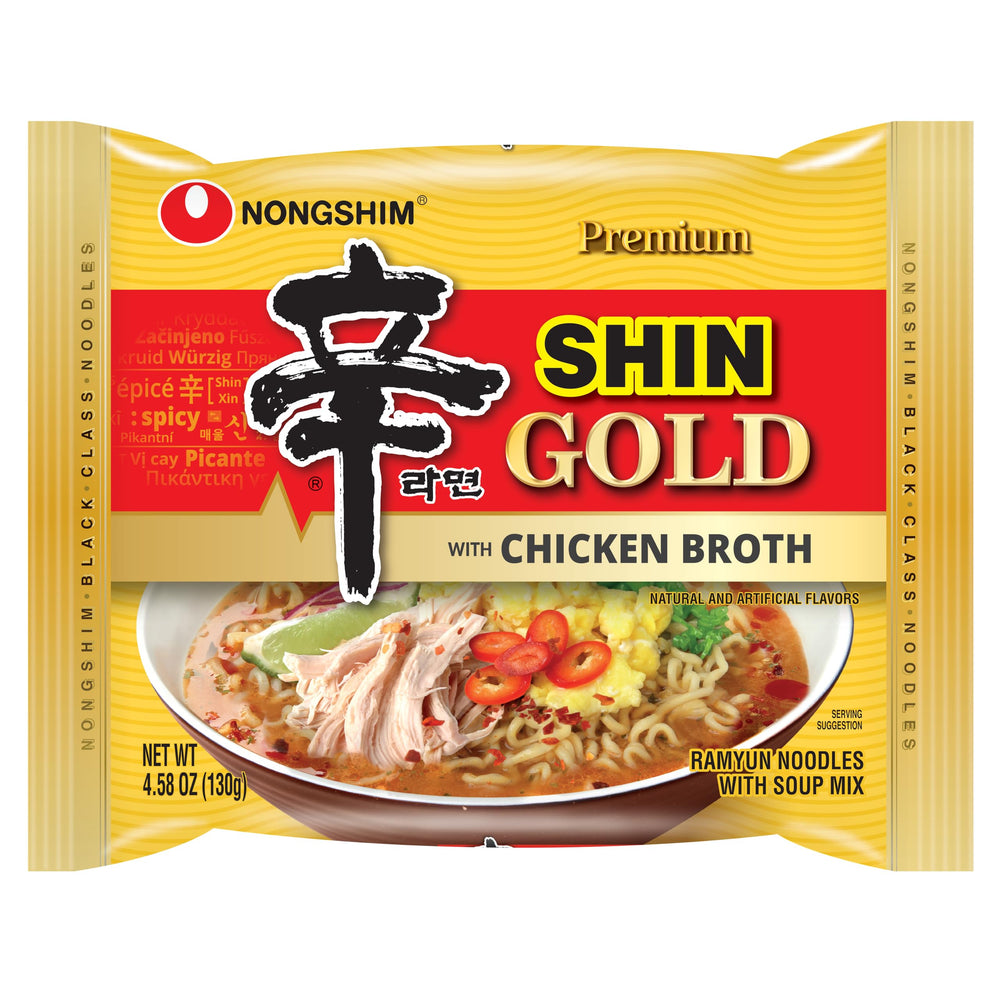 Nongshim Shin Gold noodles in a bowl highlight rich aroma and premium texture.