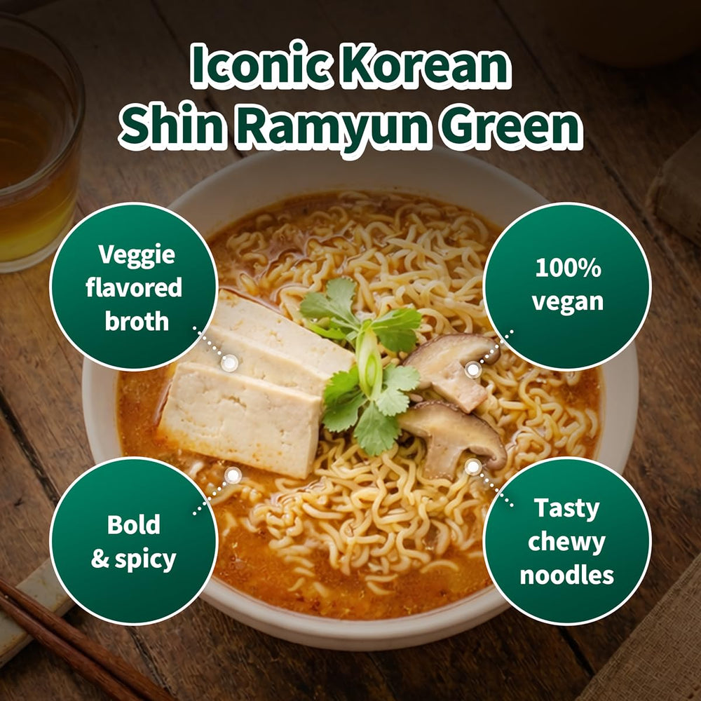 Shin Green Ramyun 4-pack packaging on a kitchen counter