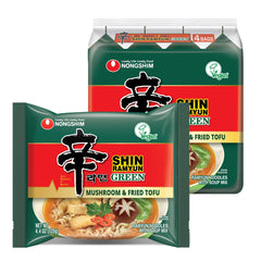 Nongshim Shin Green Ramyun with mushroom and fried tofu in a steaming bowl