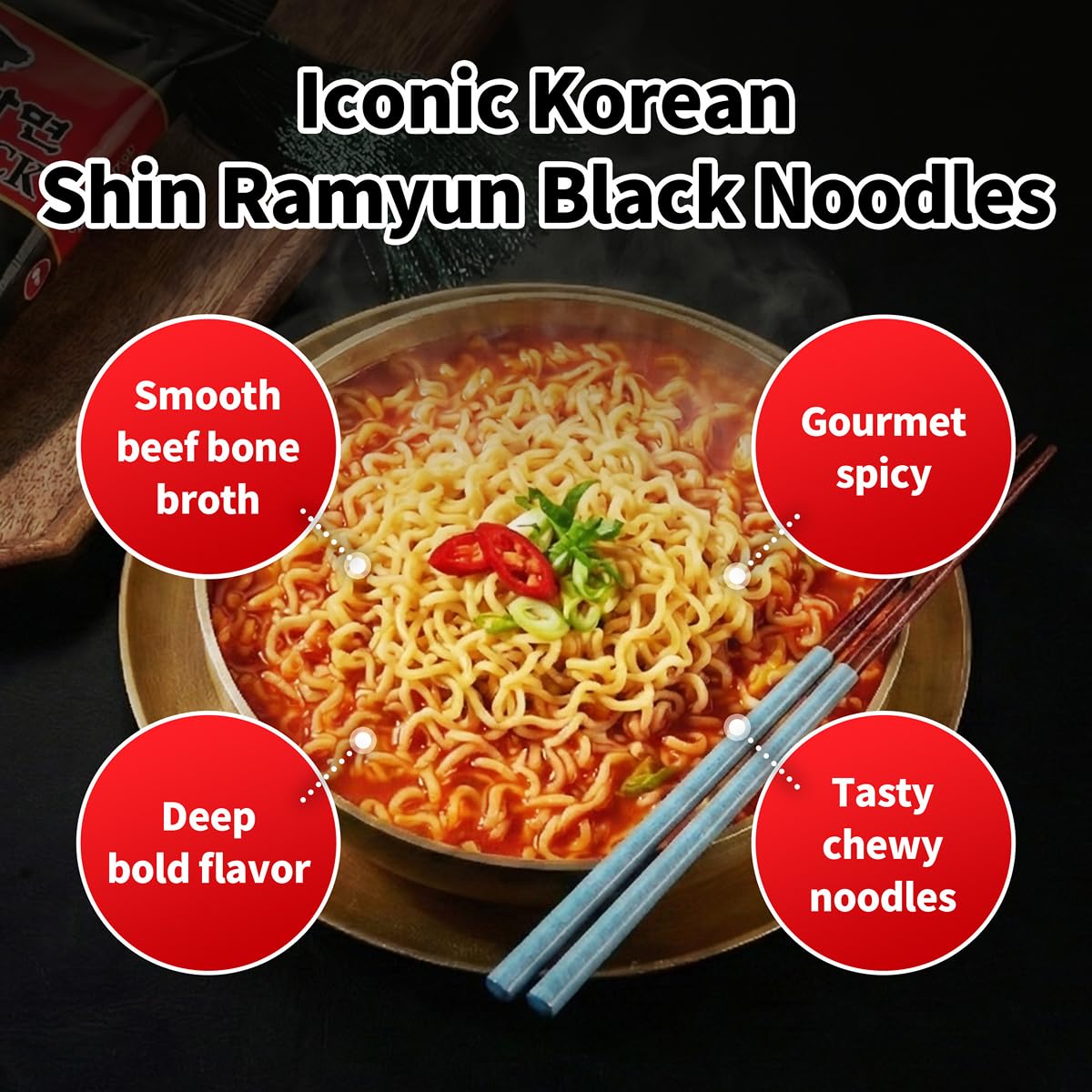 Nongshim Shin Ramyun Black ingredients close up with garlic shiitake highlighting rich aroma