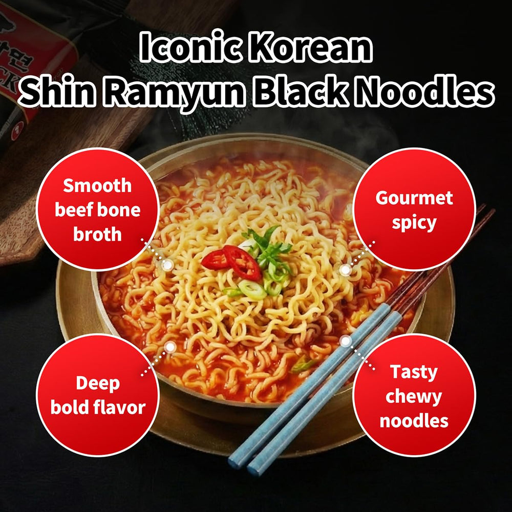Nongshim Shin Ramyun Black ingredients close up with garlic shiitake highlighting rich aroma