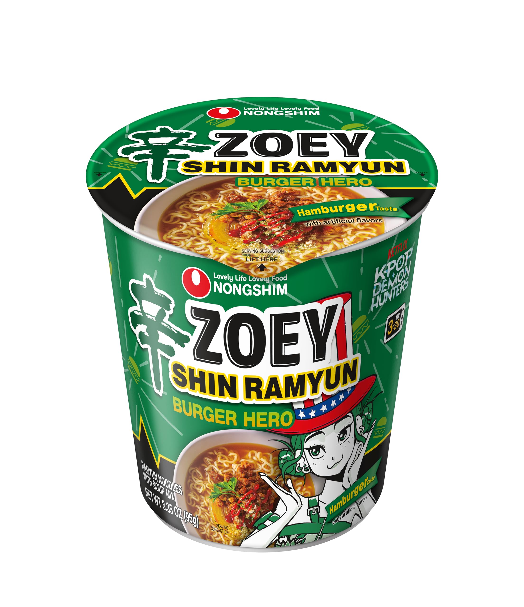 Rich broth with bok choy and mushrooms in Shin Ramyun Burger Hero.