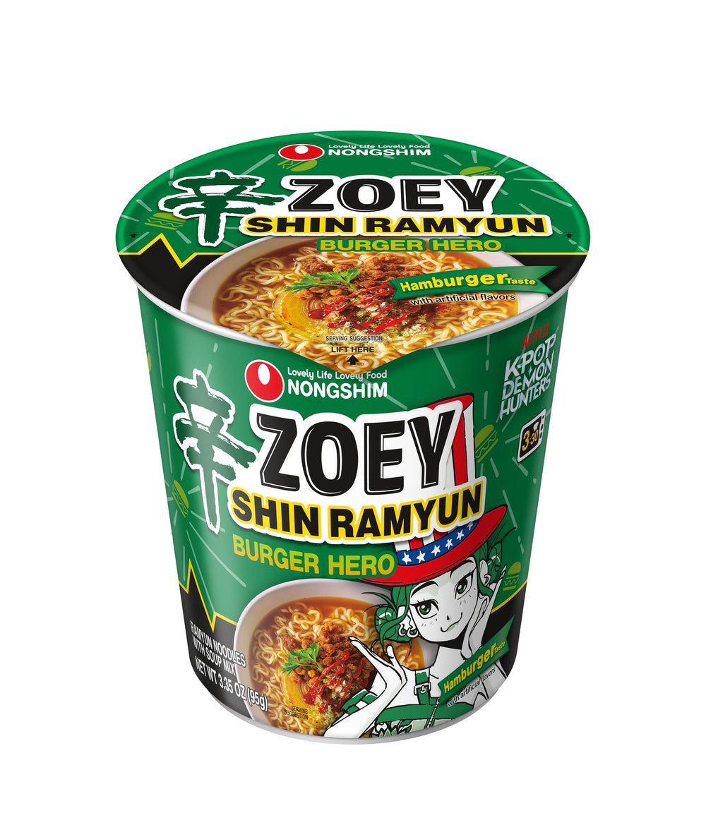 Rich broth with bok choy and mushrooms in Shin Ramyun Burger Hero.