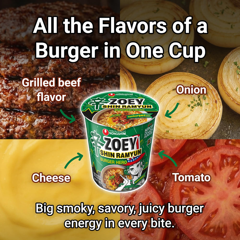 Close-up of Nongshim Shin Ramyun Burger Hero cup.