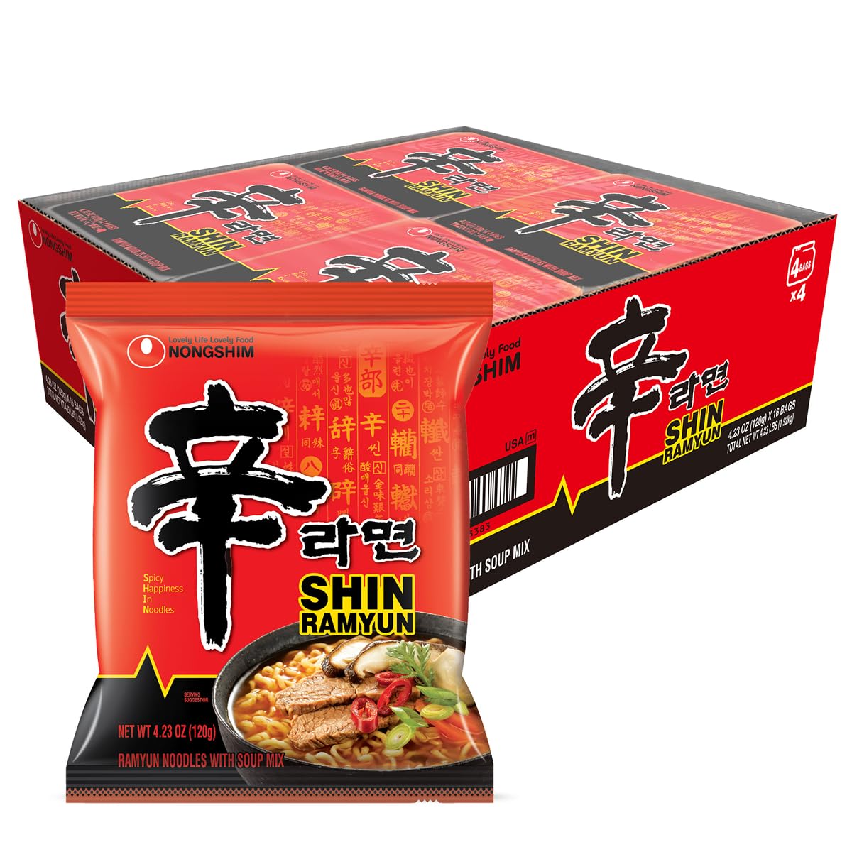 Nongshim Shin Ramyun noodles—uncooked close-up, ready to heat for a quick spicy meal.