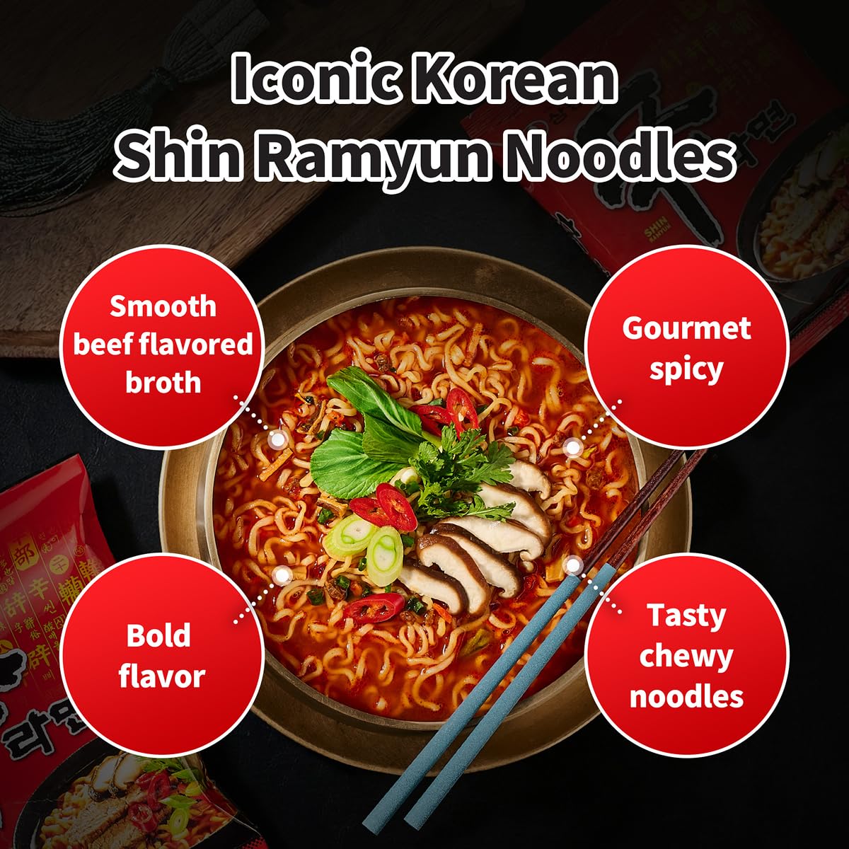 Nongshim Shin Ramyun noodles with mushrooms and carrots—savory toppings inspired by Korean flavors.