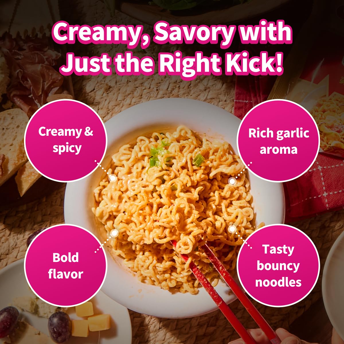 Pouring Nongshim Shin Ramyun Toomba creamy sauce over noodles.