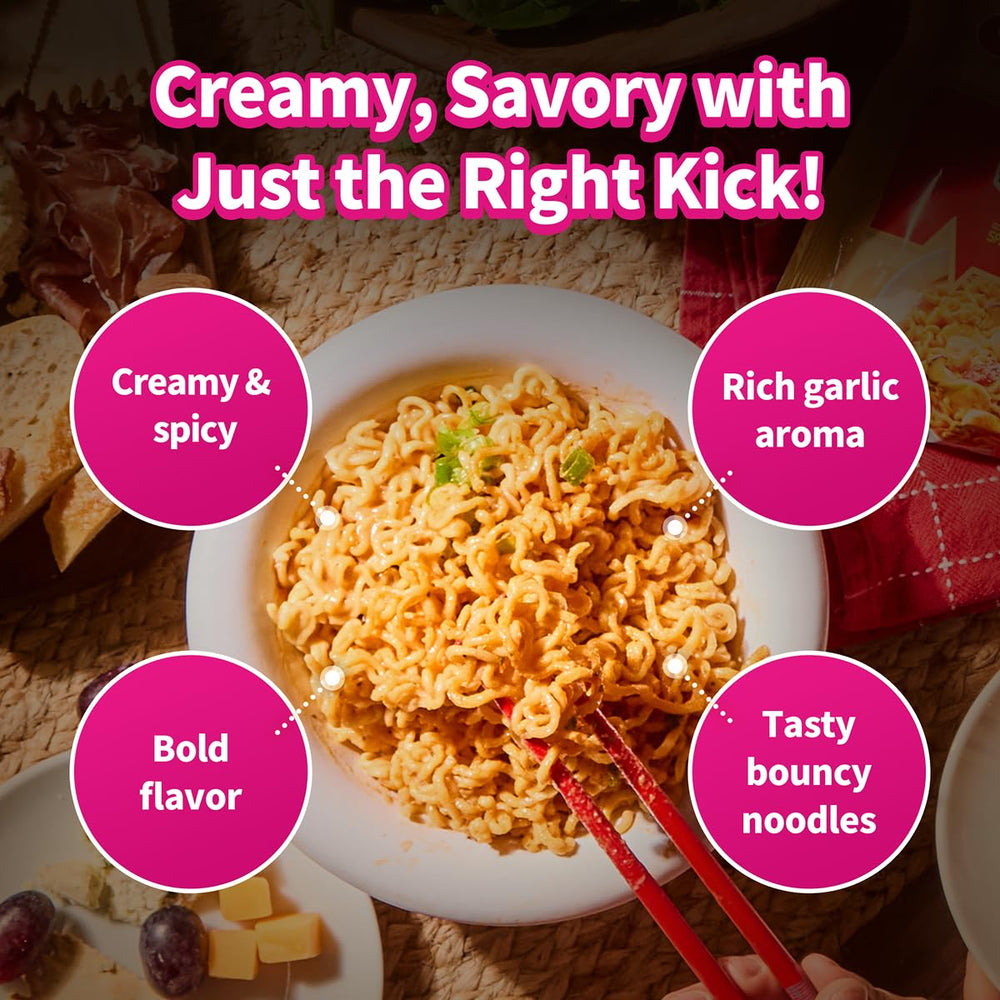 Pouring Nongshim Shin Ramyun Toomba creamy sauce over noodles.