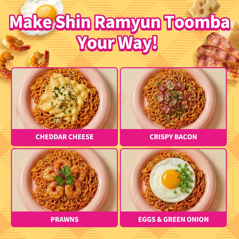 Toomba twist on Korean mac and cheese with Shin Ramyun, creamy texture meets spicy depth.