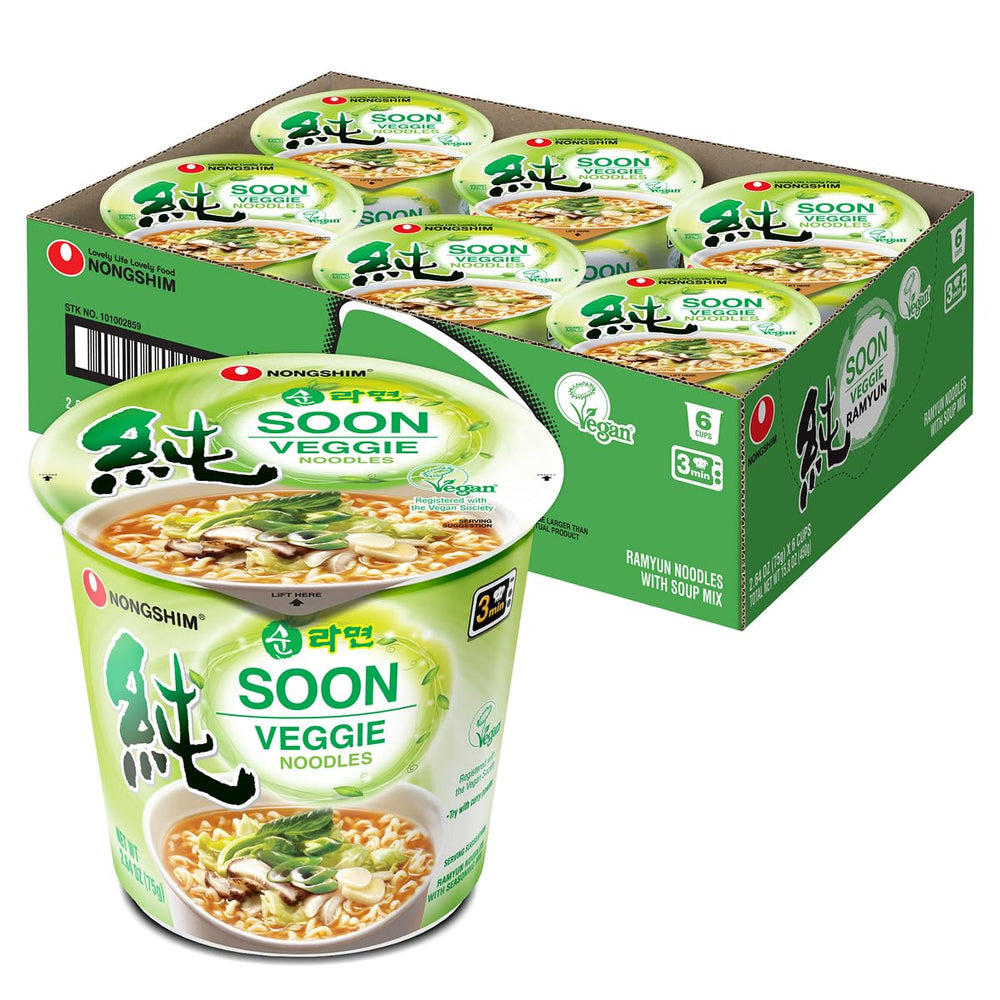 Nongshim Soon Cup Veggie broth steams, signaling a comforting vegan meal.