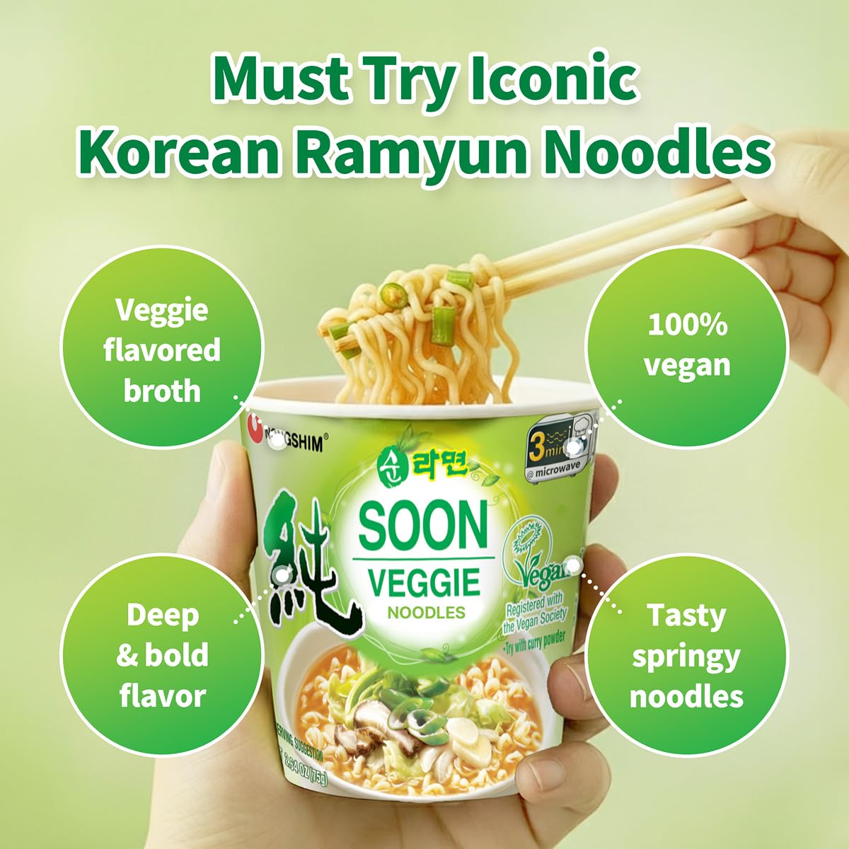 Nongshim Soon Cup Veggie vegetables add color and flavor to the broth.