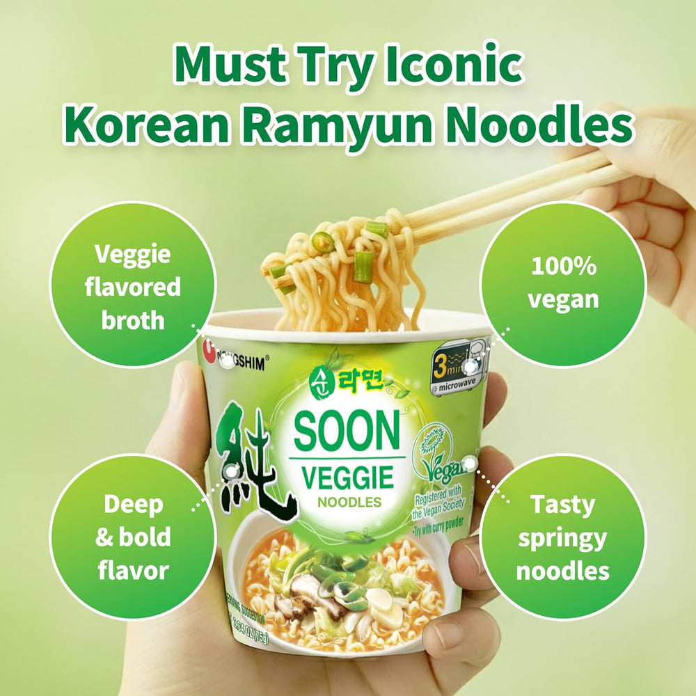 Nongshim Soon Cup Veggie vegetables add color and flavor to the broth.