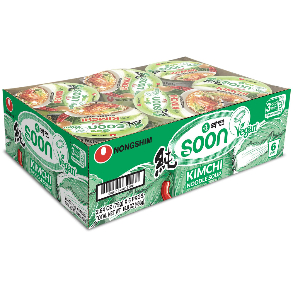 Nongshim Soon Kimchi Noodle Cup served in a bowl with rich kimchi flavor.