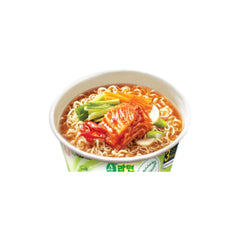 Sauce packet with vegetables enhances flavor of Nongshim Soon Kimchi Noodle Cup.