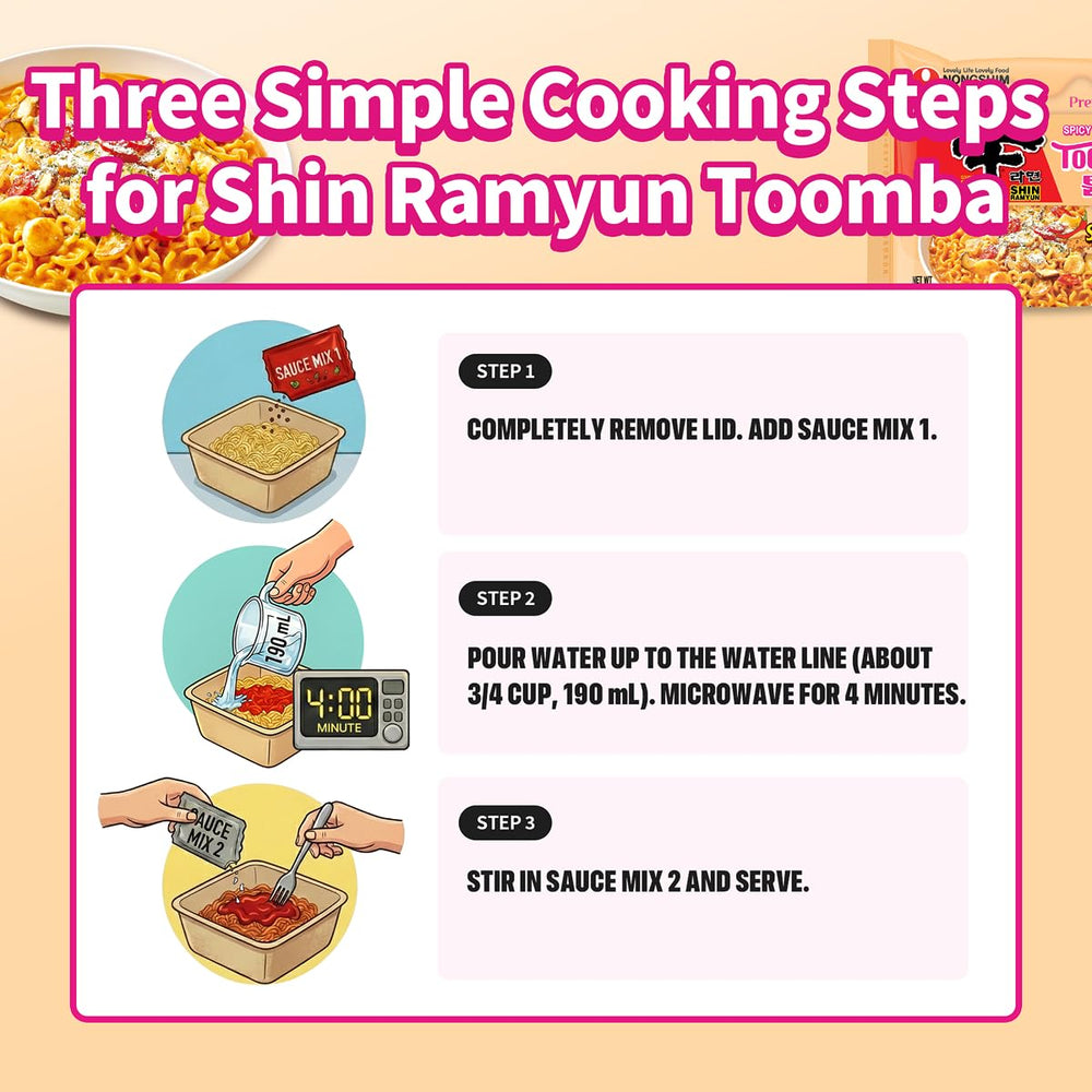 Nongshim Shin Ramyun Toomba cheesy twist with melted cheese visualization.