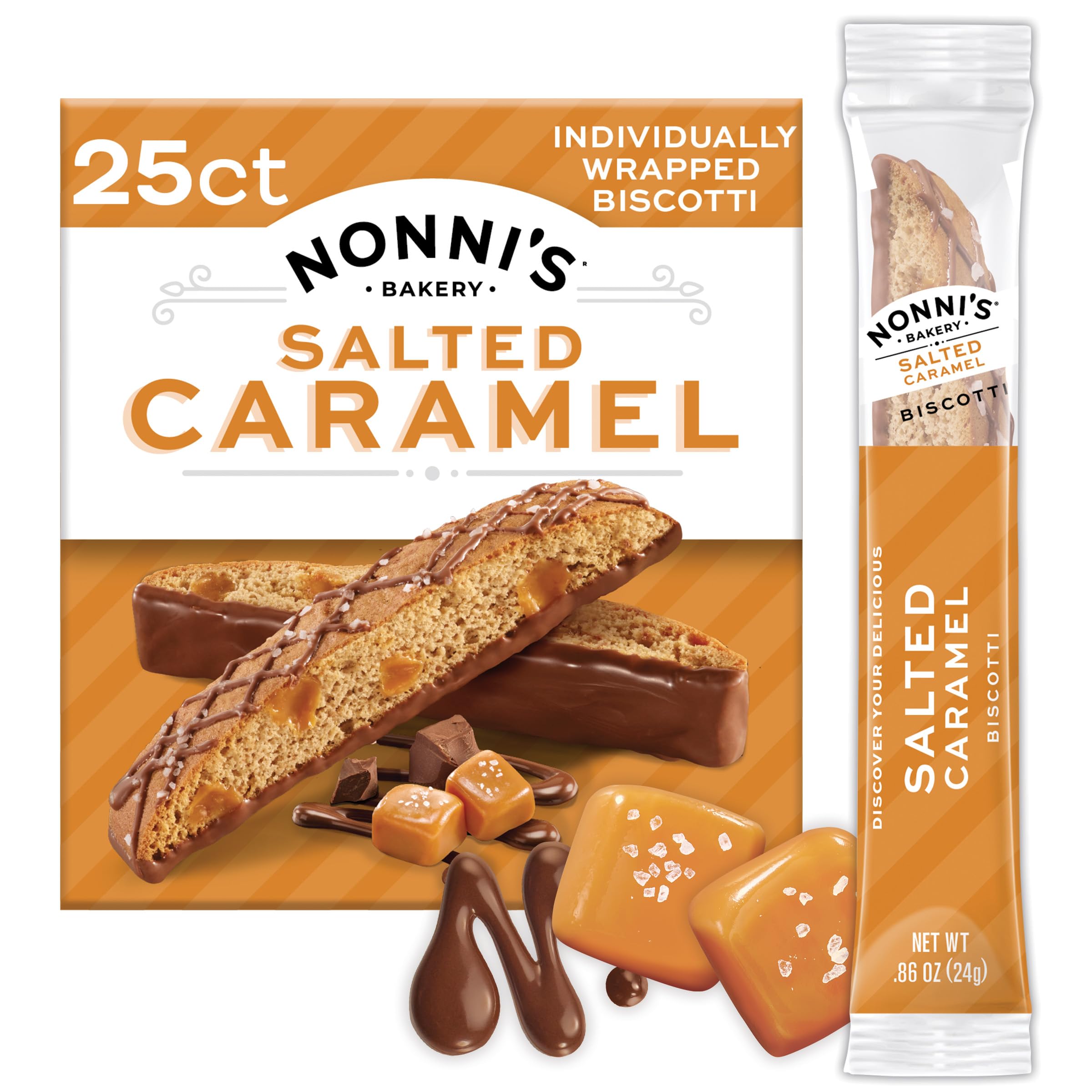 Nonni's Bakery salted caramel biscotti packaging is display-ready and gift-worthy.