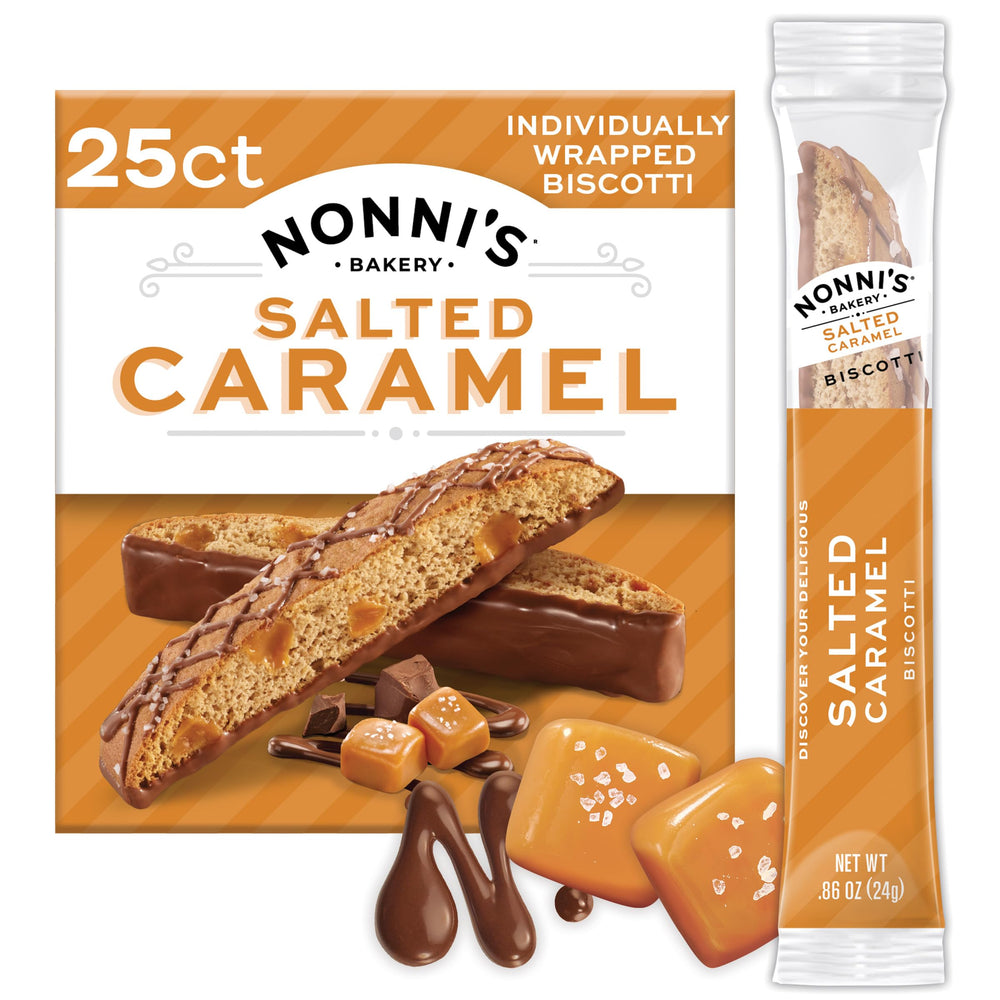 Nonni's Bakery salted caramel biscotti packaging is display-ready and gift-worthy.