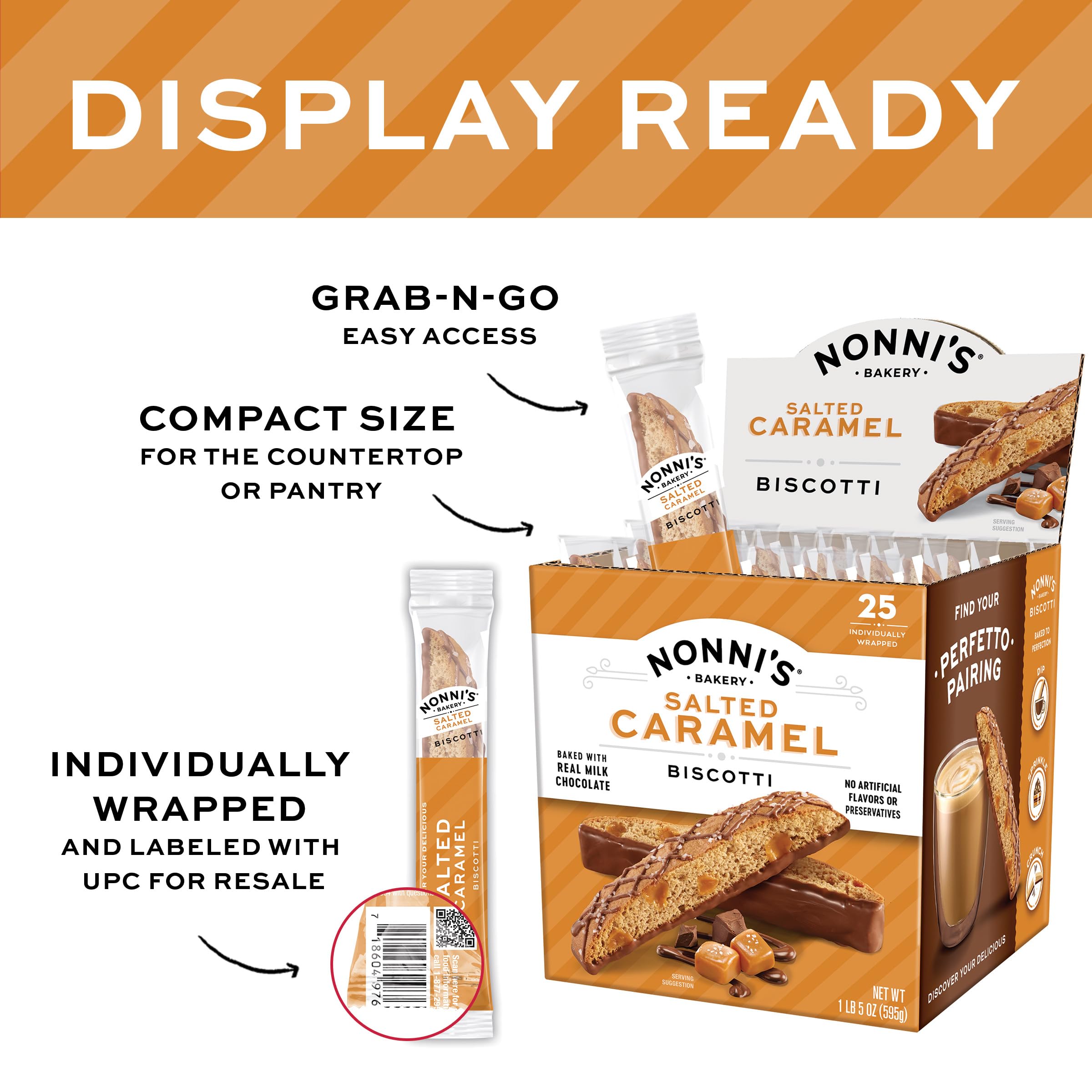 Nonni's 25-count carton on a cafe display for convenient snacking.