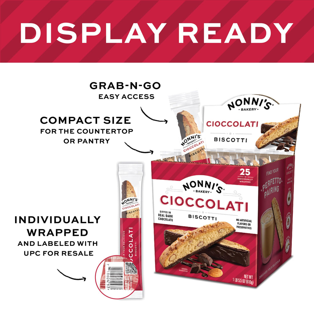 Nonni's biscotti dipped in dark chocolate suggests a luxurious coffee pairing.