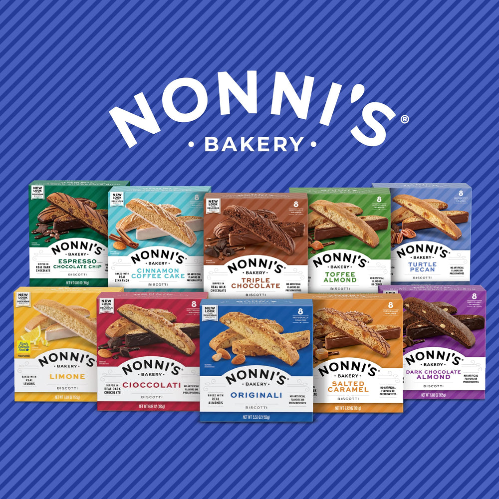 Nonni's espresso biscotti 6.88 oz packaging shown, ideal pantry staple.