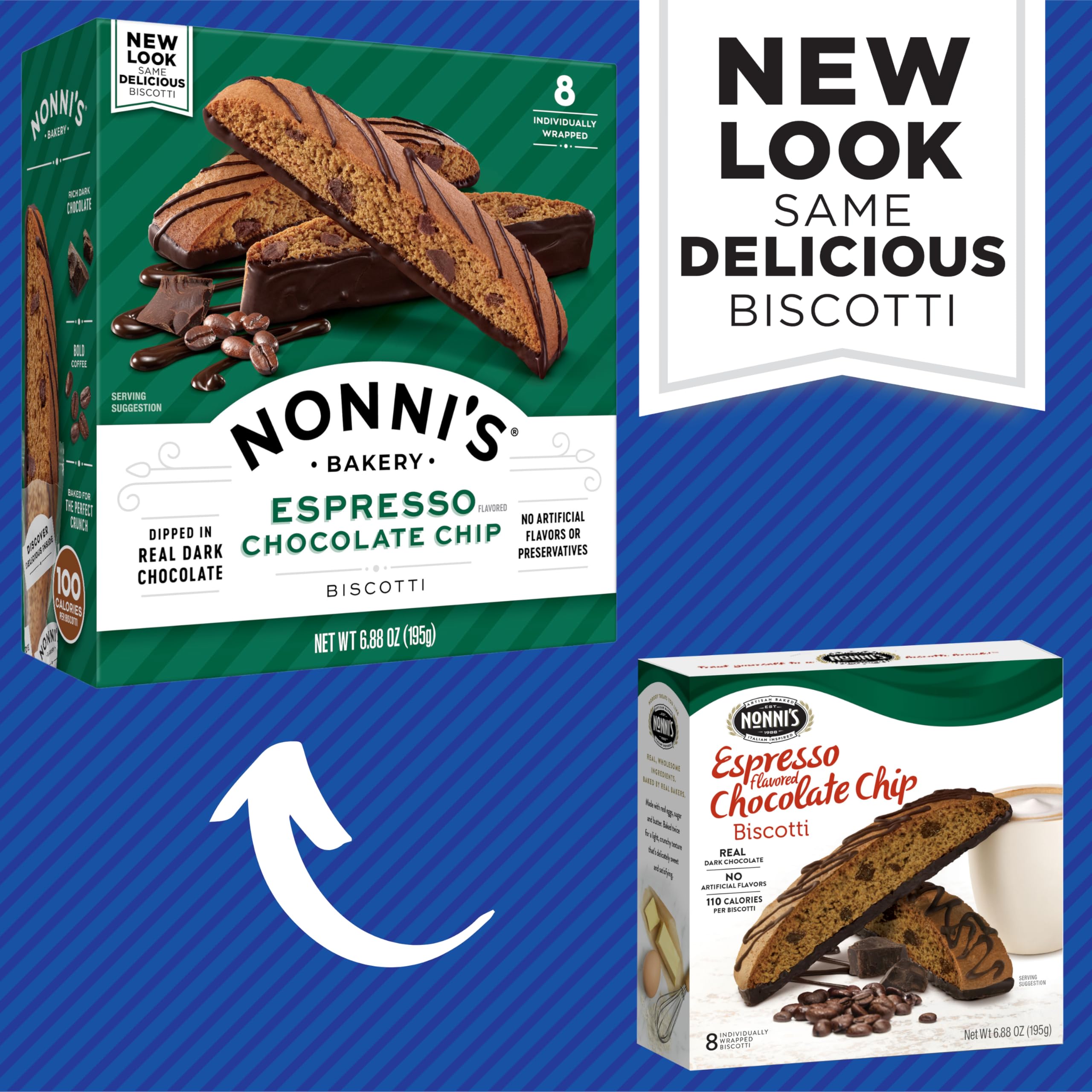 Nonni's espresso biscotti with almonds closeup highlighting premium ingredients and texture.