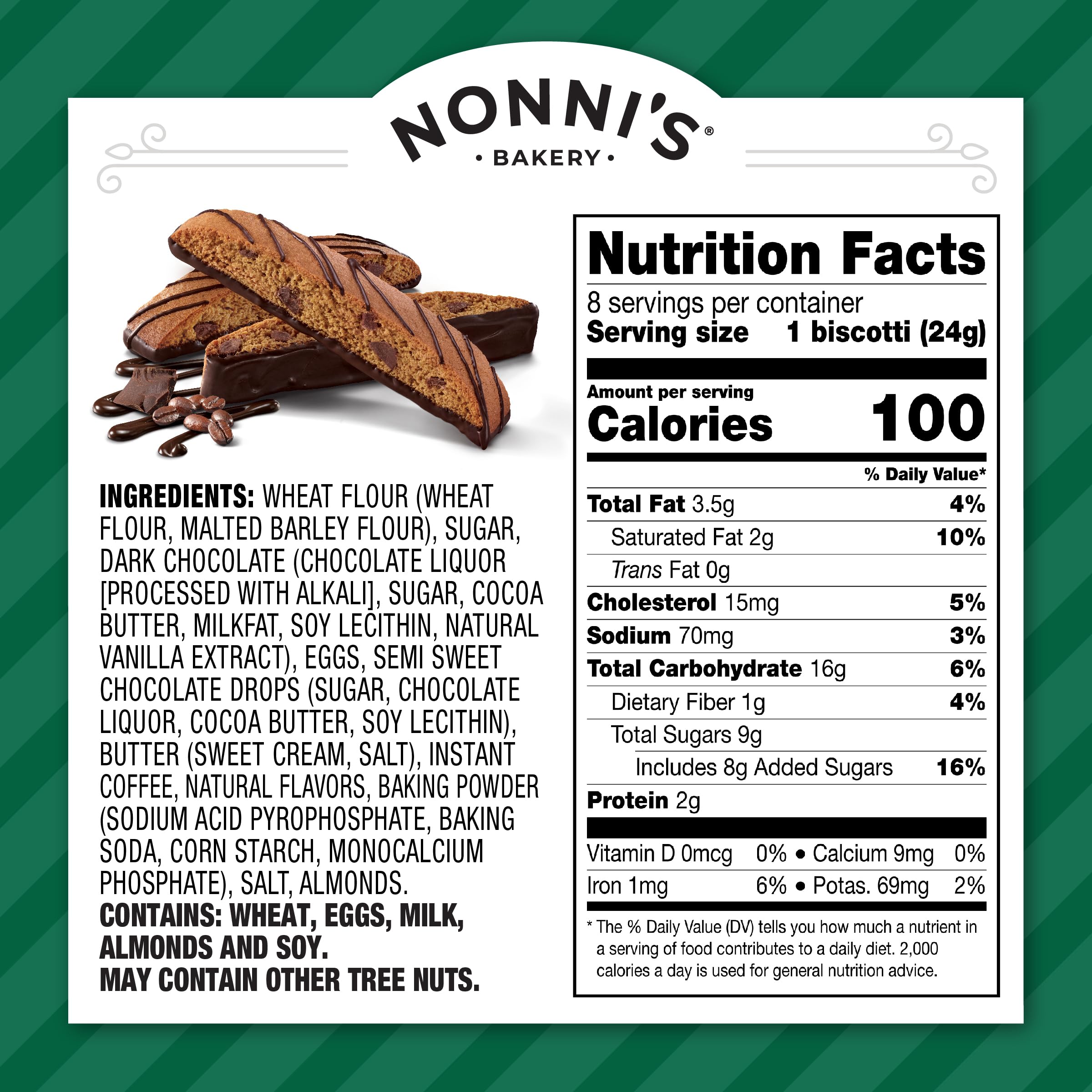 Nonni's biscotti dipped in chocolate showcases gourmet coating and coffee-crunch.