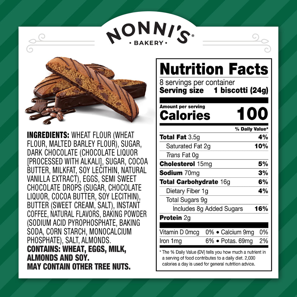 Nonni's biscotti dipped in chocolate showcases gourmet coating and coffee-crunch.