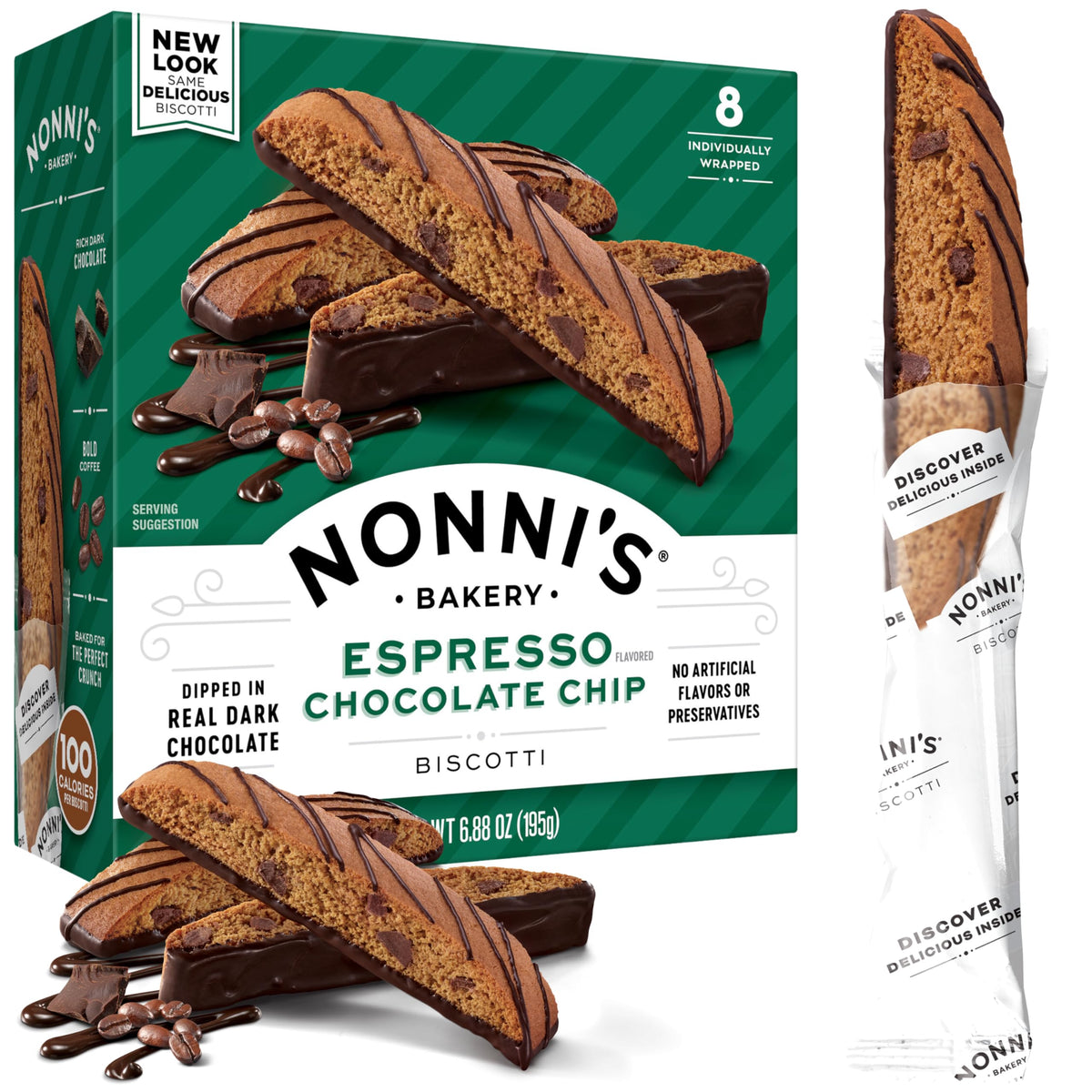 Nonni's Espresso Chocolate Chip Biscotti pack, perfect with coffee for a refined snack.