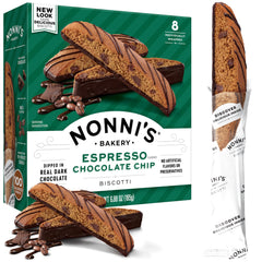 Nonni's Espresso Chocolate Chip Biscotti pack, perfect with coffee for a refined snack.