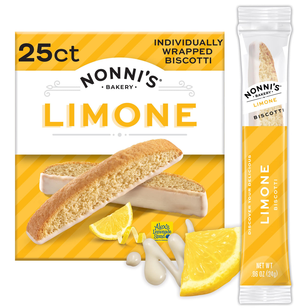 Nonni's Limone Biscotti lemon-crisp, ideal for a refreshing tea time snack.