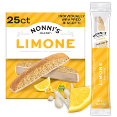 Nonni's Limone Biscotti lemon-crisp, ideal for a refreshing tea time snack.