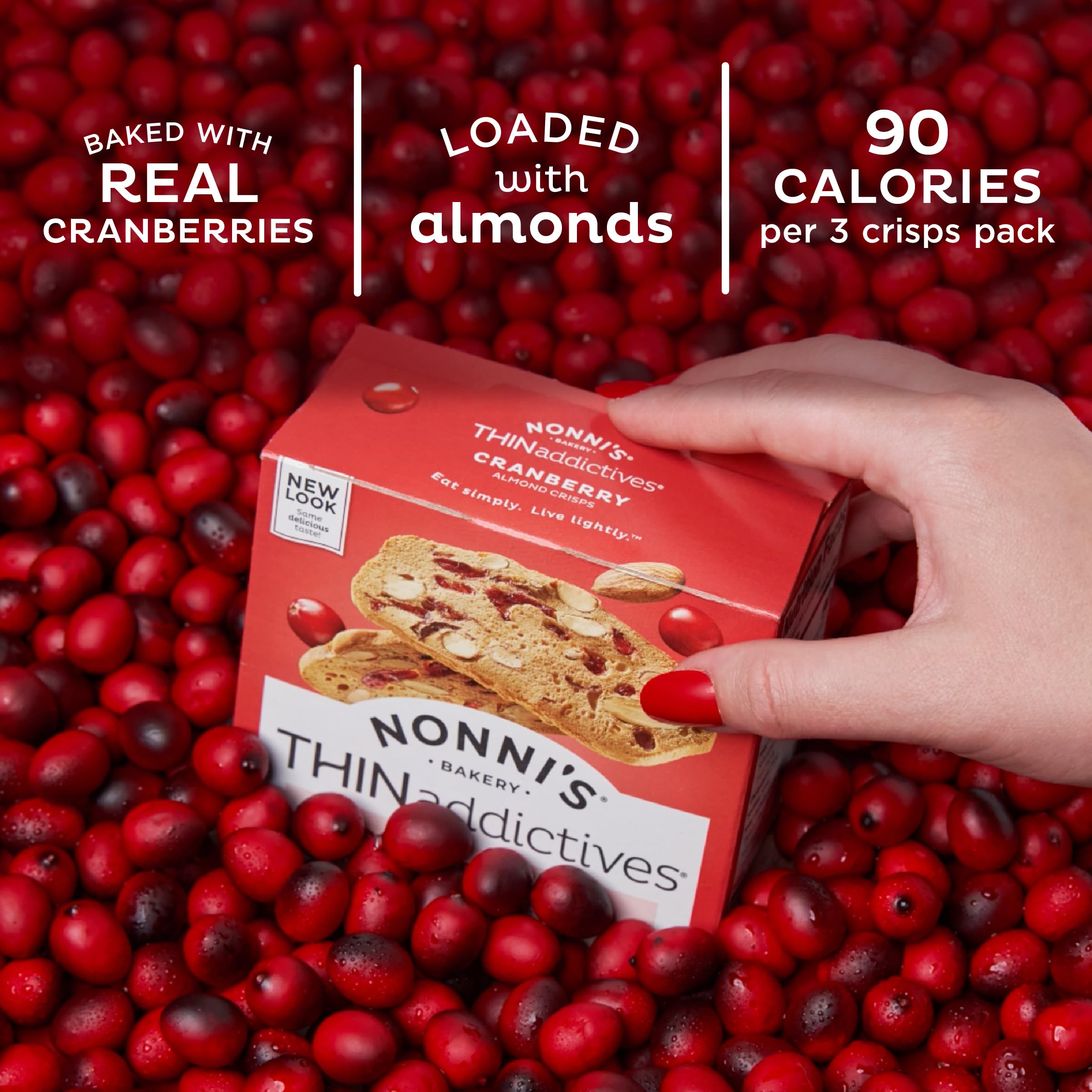Nonni's Cranberry Almond Thins closeup, tart cranberries and toasted almonds appealing for snacking